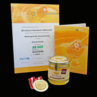 Honigglas mit Urkunde und Medaille