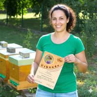Frau vor Bienenstöcken mit Urkunde