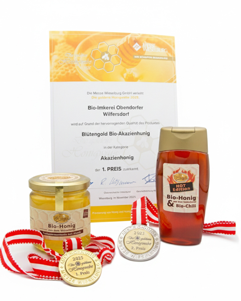 Gold und Silber Medaille mit Honigglas, Tube und Urkunde